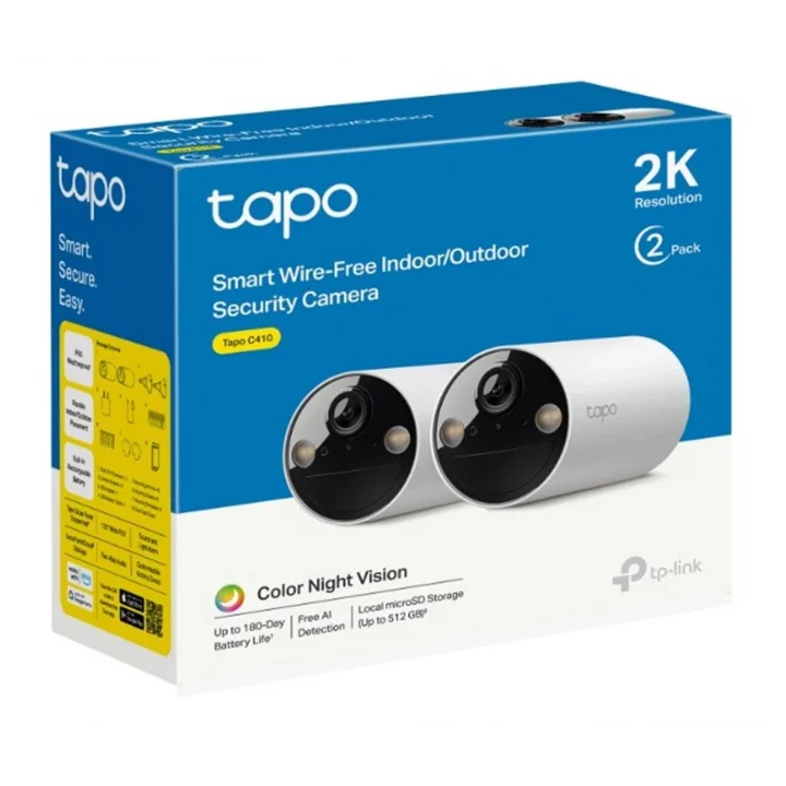 C410 2-pack, 2K 3MP, Renkli Gece Görüşü, Şarj Edilebilir, Solar Panel Destekli, IP65, Yerel/Bulut Depolama, 110° Açılı, Işıklı ve Sesli Alarm, Kablosuz Bataryalı Güvenlik Kamerası