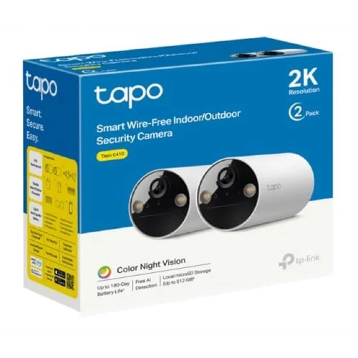 C410 2-pack, 2K 3MP, Renkli Gece Görüşü, Şarj Edilebilir, Solar Panel Destekli, IP65, Yerel/Bulut Depolama, 110° Açılı, Işıklı ve Sesli Alarm, Kablosuz Bataryalı Güvenlik Kamerası