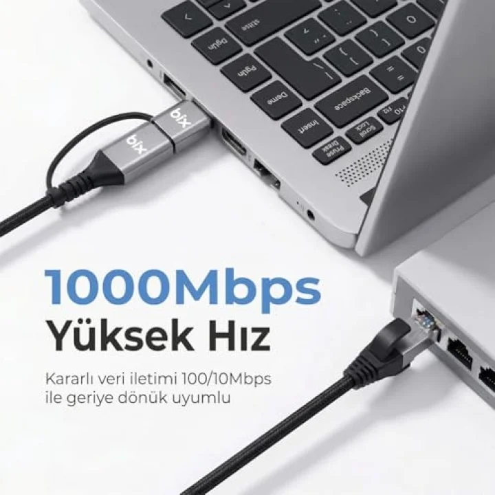 C6AC15 2in1 USB-A & Type-C to RJ45 1000Mbps Gigabit Ethernet Dönüştürücü CAT6 Kablo 1.5 Metre Thunderbolt 3/4/5, Mac/Windows/iPad/Android Uyumlu