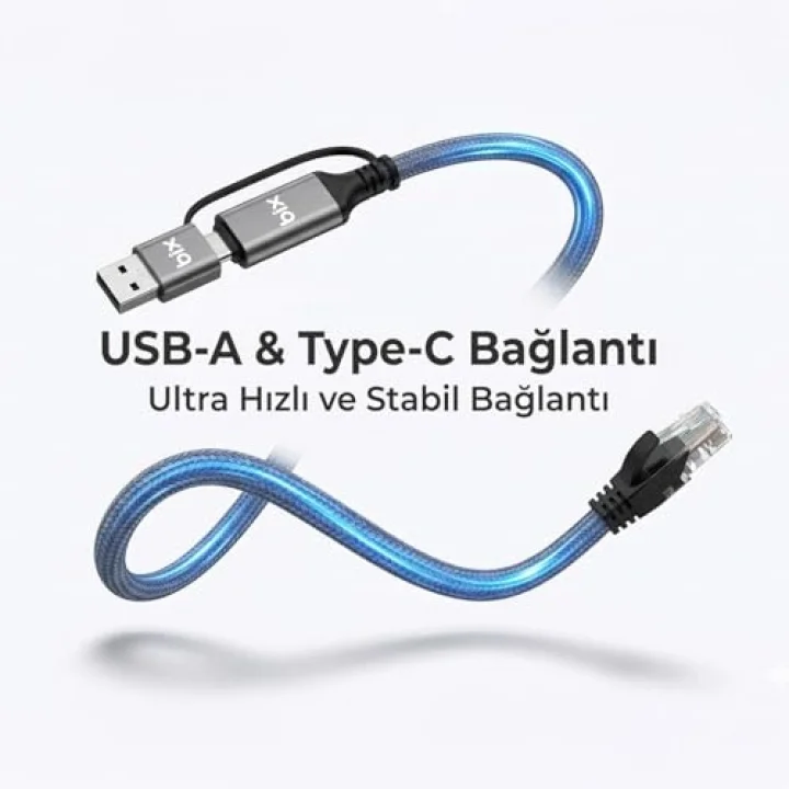 C6AC15 2in1 USB-A & Type-C to RJ45 1000Mbps Gigabit Ethernet Dönüştürücü CAT6 Kablo 1.5 Metre Thunderbolt 3/4/5, Mac/Windows/iPad/Android Uyumlu