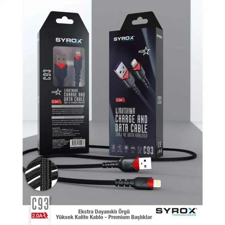 C93 2.0 MAH İPH 1 MT GÜL DESENLİ KABLO Araç Şarjı, Siyah
