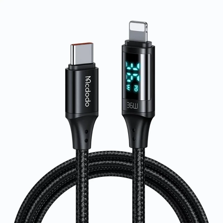 Ca-1030 36W Type-C To Lightning Dijital Göstergeli Data-Şarj Kablosu 1.2M, Siyah