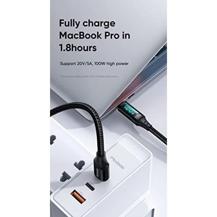 CA-1100 Type-C Kablo 100W - Dijital Watt Göstergeli Hızlı Şarj Kablosu, 5A PD QC USB-C, Laptop/Tablet/Telefon, 1.2M