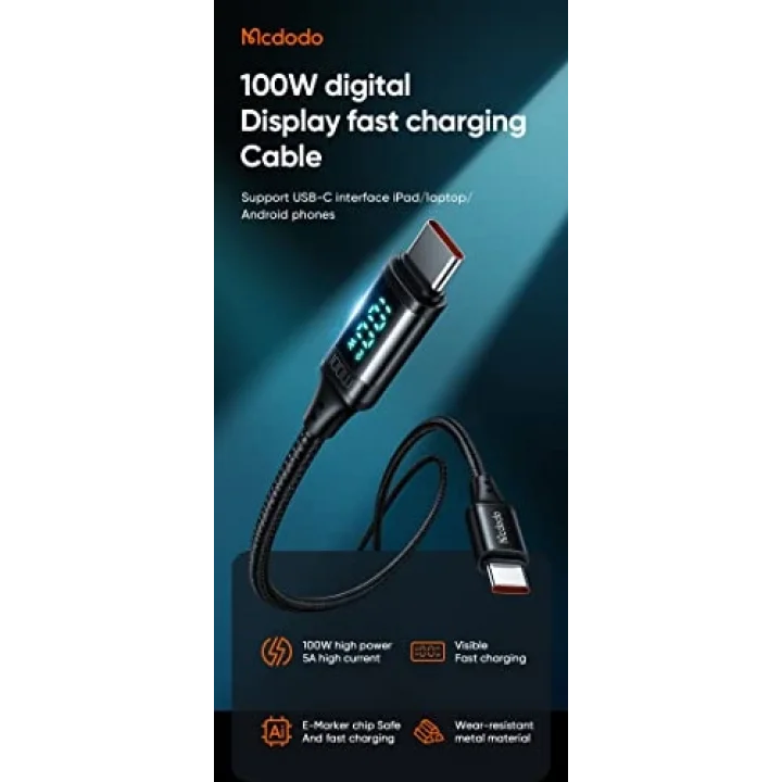 CA-1100 Type-C Kablo 100W - Dijital Watt Göstergeli Hızlı Şarj Kablosu, 5A PD QC USB-C, Laptop/Tablet/Telefon, 1.2M