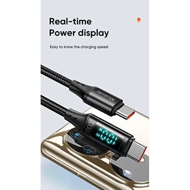 CA-1100 Type-C Kablo 100W - Dijital Watt Göstergeli Hızlı Şarj Kablosu, 5A PD QC USB-C, Laptop/Tablet/Telefon, 1.2M