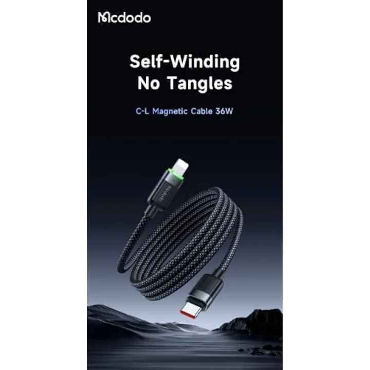 Ca-2010 36W Usb-C To Lightning Manyetik Sarilabilir Kablo - 1.2 M, Siyah