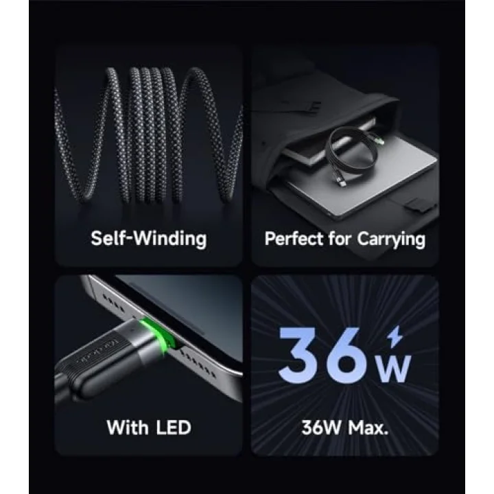 Ca-2010 36W Usb-C To Lightning Manyetik Sarilabilir Kablo - 1.2 M, Siyah