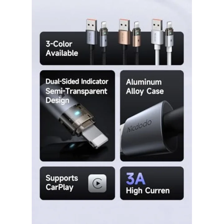 CA-6911 3A Işıklı Usb iPhone Şarj Data Kablosu 1.2m Siyah