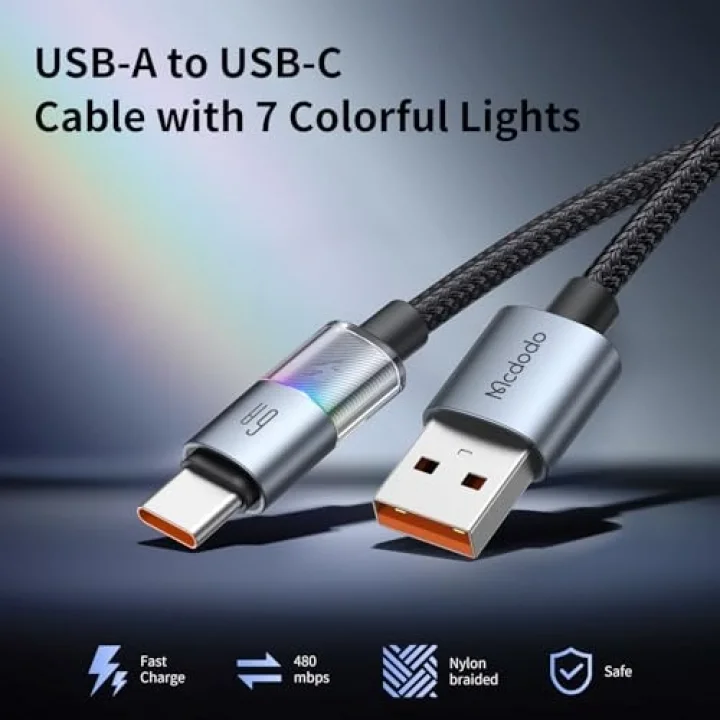 CA-8180 Usb Typec 6A 7 Renkli LED Işıklı Şarj Data Kablosu