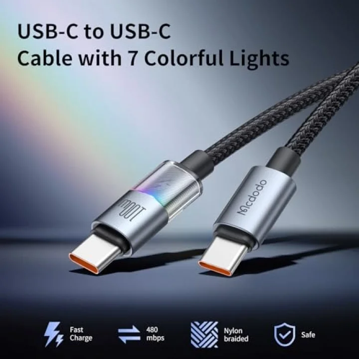 CA-8200 Type-c To Type-c 100W 7 Renkli LED Işıklı Şarj Data Kablosu