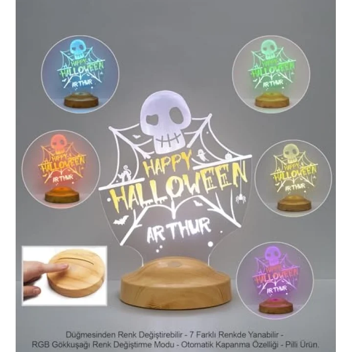 Cadılar Bayramı Halloween Hediyesi, Happy Halloween Kuru Kafa ve Ağlar Led Lamba