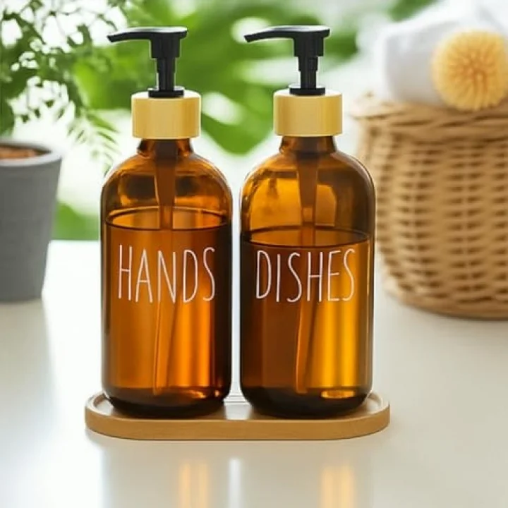 Cam Dispenser Seti – 2’li Amber Şişe (Hands & Dishes Etiketli), Bambu Kapaklı, Sıvı Sabun & Deterjan Pompası