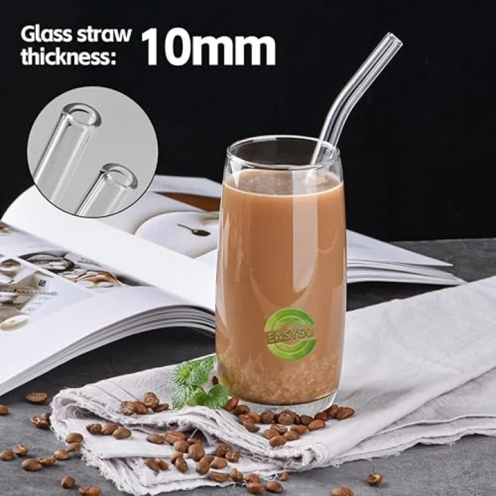 Cam Pipet Set Bükülebilir, Temizleme Fırçalı Çevre Dostu, Tekrar Kullanılabilir, Dayanıklı Cam Smoothie, Kahve ve Soğuk İçecekler İçin İdeal (2)