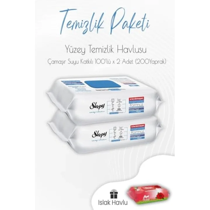 Çamaşır Suyu Yüzey Temizlik Havlusu 100 lü x 2 Adet ve Islak Havlu