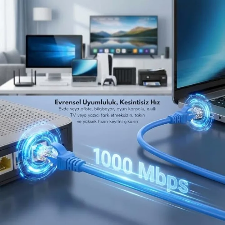 Cat6 Ethernet Kablosu (15 METRE) - 1000 Mbps’e Kadar Veri aktarımı - Fabrikasyon RJ45 Konnektörlü - Mavi