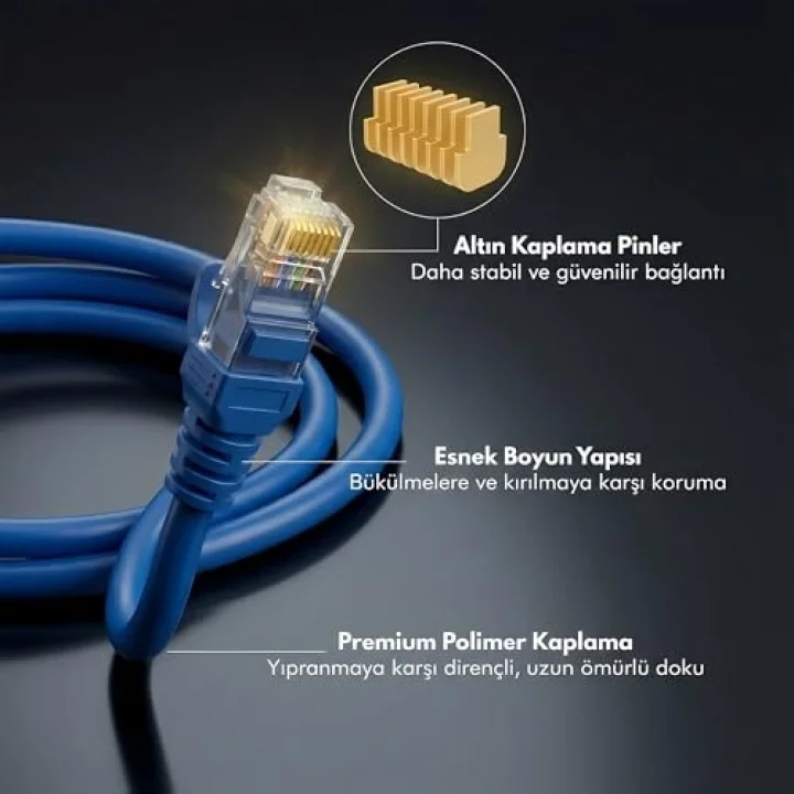 Cat6 Ethernet Kablosu (15 METRE) - 1000 Mbps’e Kadar Veri aktarımı - Fabrikasyon RJ45 Konnektörlü - Mavi