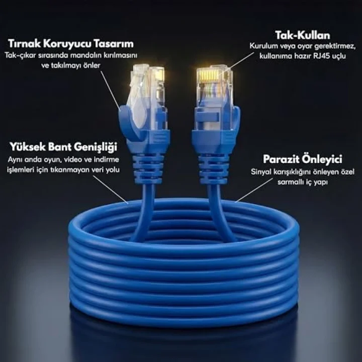 Cat6 Ethernet Kablosu (15 METRE) - 1000 Mbps’e Kadar Veri aktarımı - Fabrikasyon RJ45 Konnektörlü - Mavi