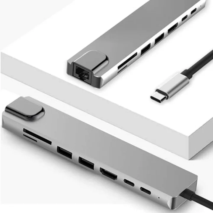 CF-04 Macbook Uyumlu Type-C™ To 4K HDMI Tv Projeksiyon UHd 1080P 2* Type-C 3* USB SD/TF RJ45 Ethernet Lan 8ın1 Çevirici Hub Adaptör