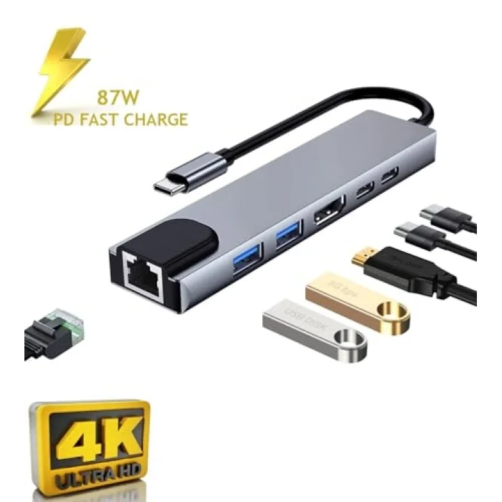CF-04 Macbook Uyumlu Type-C™ To 4K HDMI Tv Projeksiyon UHd 1080P 2* Type-C 3* USB SD/TF RJ45 Ethernet Lan 8ın1 Çevirici Hub Adaptör