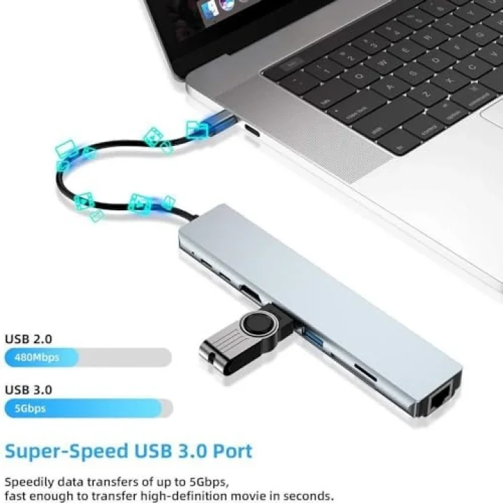 CF-04 Macbook Uyumlu Type-C™ To 4K HDMI Tv Projeksiyon UHd 1080P 2* Type-C 3* USB SD/TF RJ45 Ethernet Lan 8ın1 Çevirici Hub Adaptör