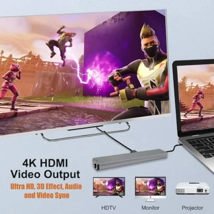 CF-04 Macbook Uyumlu Type-C™ To 4K HDMI Tv Projeksiyon UHd 1080P 2* Type-C 3* USB SD/TF RJ45 Ethernet Lan 8ın1 Çevirici Hub Adaptör