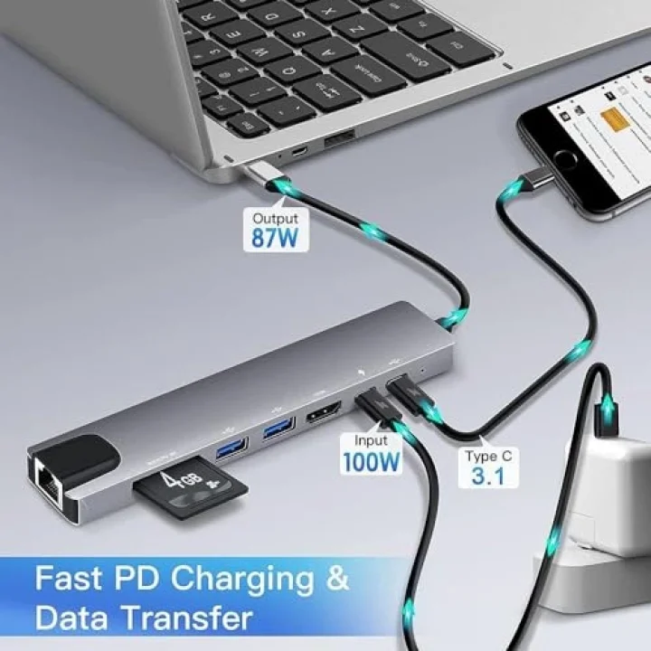 CF-04 Macbook Uyumlu Type-C™ To 4K HDMI Tv Projeksiyon UHd 1080P 2* Type-C 3* USB SD/TF RJ45 Ethernet Lan 8ın1 Çevirici Hub Adaptör