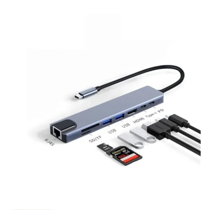 CF-04 Macbook Uyumlu Type-C™ To 4K HDMI Tv Projeksiyon UHd 1080P 2* Type-C 3* USB SD/TF RJ45 Ethernet Lan 8ın1 Çevirici Hub Adaptör
