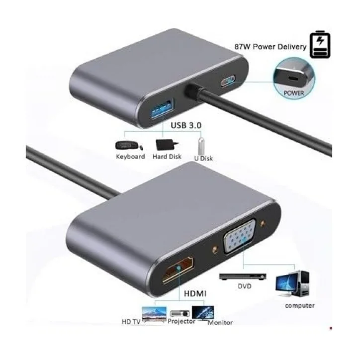 CF02 Macbook Uyumlu Type-C™ To 4K Ultra Hd 1080p Hdmı/Vga/Pd Şarj/USB 3.0 4IN1 Çevirici Hub Adaptör