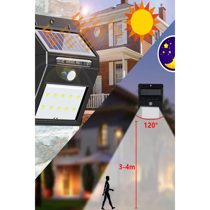 Chermik Pır Hareket Sensörlü 20 Led Solar Güneş Enerjili Su Geçirmez Duvar Lambası