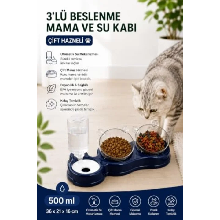 Çift Hazneli- 3 lü Beslenme Mama ve Su Kabı Lacivert 500ml 36 * 21 * 16 cm