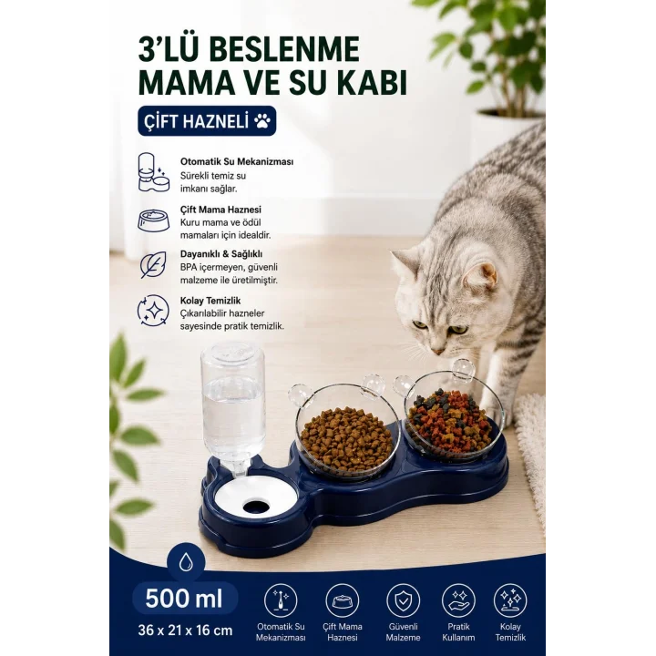 Çift Hazneli- 3 lü Beslenme Mama ve Su Kabı Lacivert 500ml 36 * 21 * 16 cm