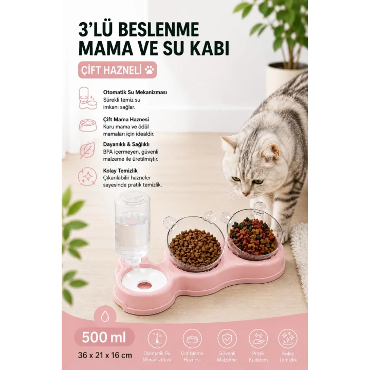 Çift Hazneli- 3 lü Beslenme Mama ve Su Kabı Pembe 1000 ml 36 * 21 * 16 cm