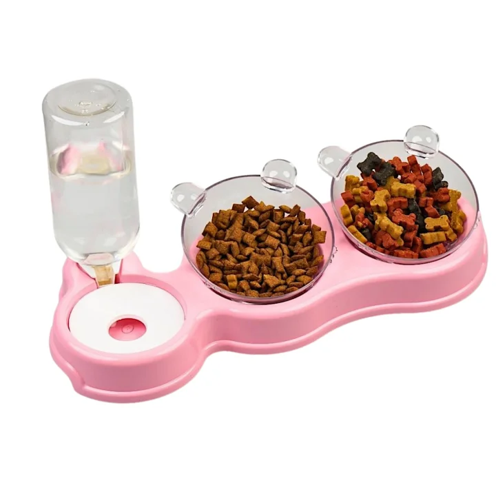 Çift Hazneli- 3 lü Beslenme Mama ve Su Kabı Pembe 1000 ml 36 * 21 * 16 cm