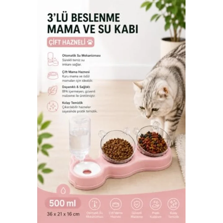 Çift Hazneli- 3 lü Beslenme Mama ve Su Kabı Pembe 1000 ml 36 * 21 * 16 cm