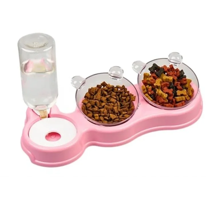 Çift Hazneli- 3 lü Beslenme Mama ve Su Kabı Pembe 1000 ml 36 * 21 * 16 cm