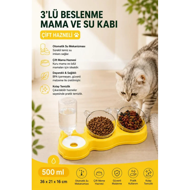 Çift Hazneli- 3 lü Beslenme Mama ve Su Kabı Sarı 500ml 36 * 21 * 16 cm