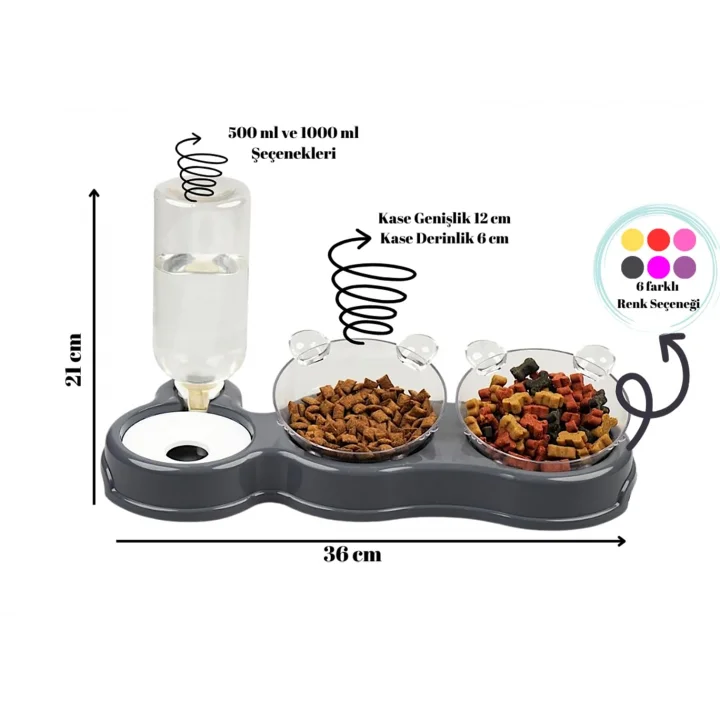 Çift Hazneli- 3 lü Beslenme Mama ve Su Kabı Sarı 500ml 36 * 21 * 16 cm