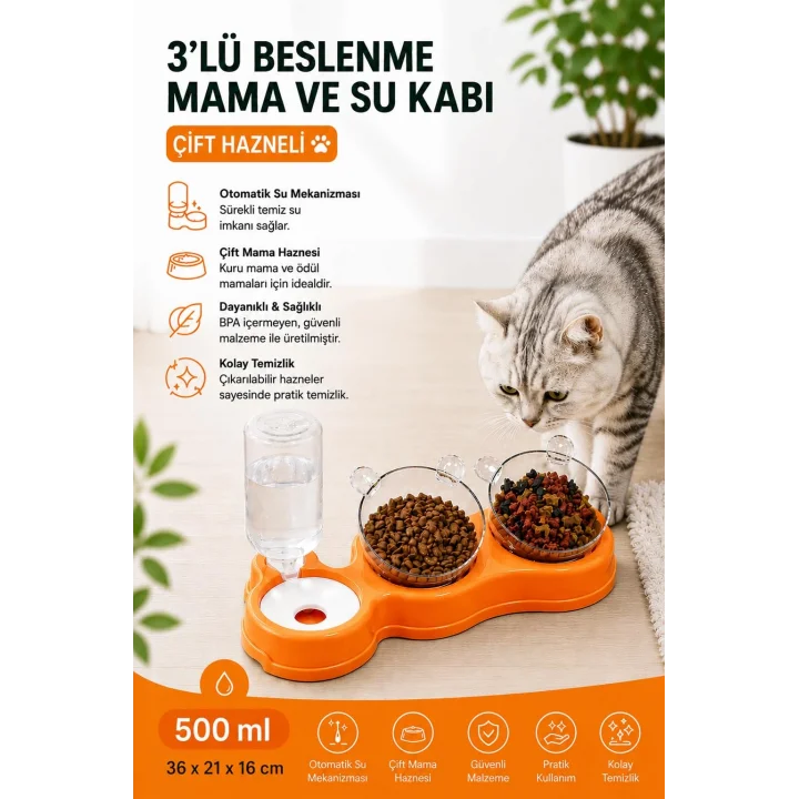 Çift Hazneli- 3 lü Beslenme Mama ve Su Kabı Turuncu 500 ml 36 * 21 * 16 cm