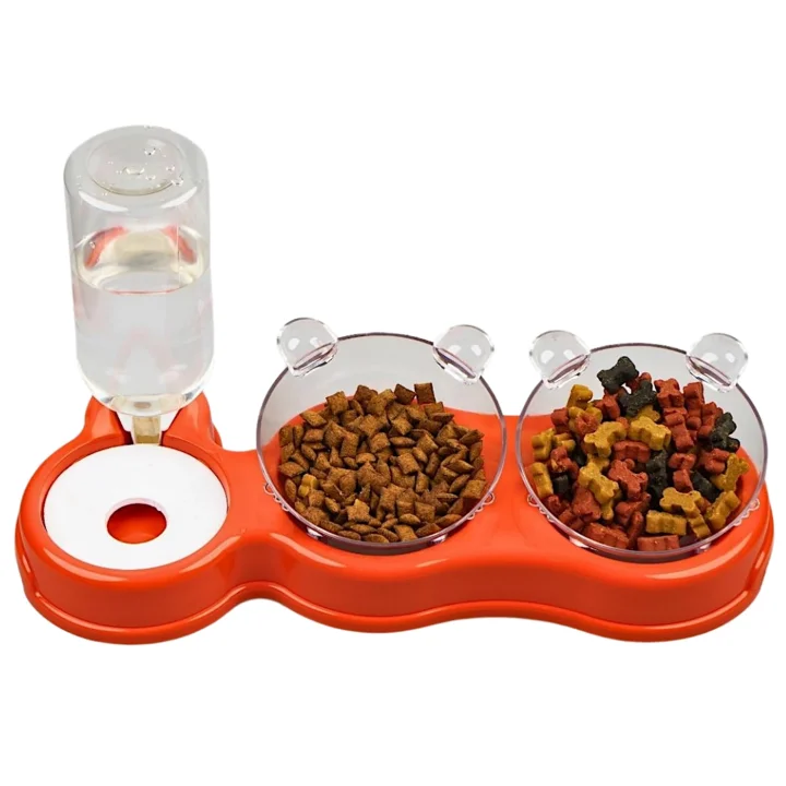 Çift Hazneli- 3 lü Beslenme Mama ve Su Kabı Turuncu 500 ml 36 * 21 * 16 cm