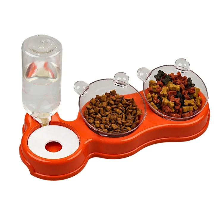 Çift Hazneli- 3 lü Beslenme Mama ve Su Kabı Turuncu 500 ml 36 * 21 * 16 cm