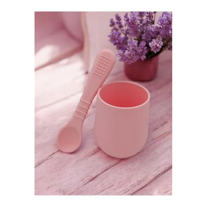 CKM silikon 2li Silikon Bebek Alıştırma Bardağı Ve Kaşığı Pembe