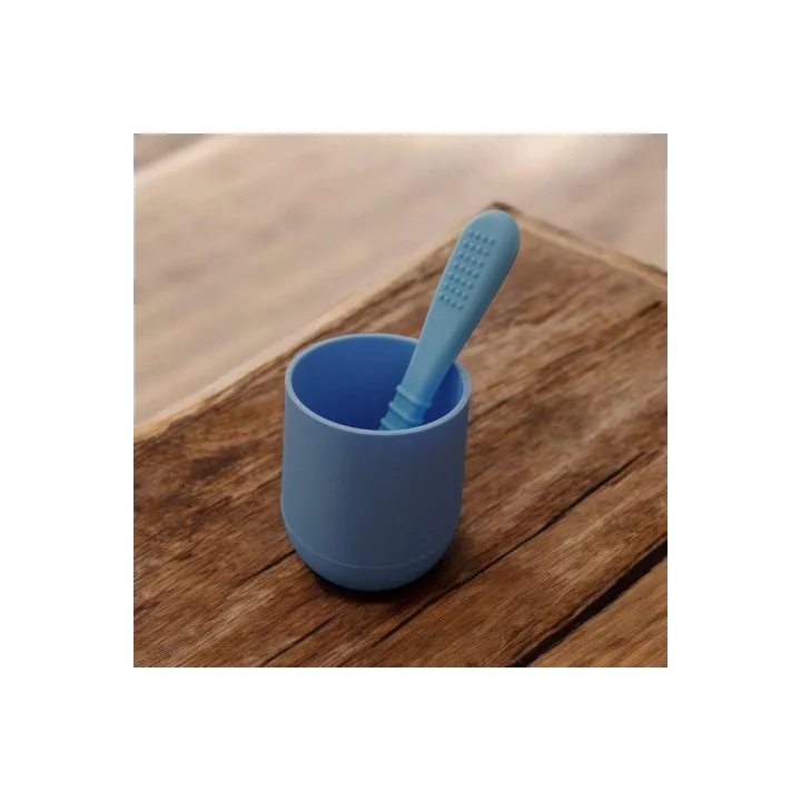 CKM silikon 2li Silikon Bebek Alıştırma Bardağı ve Kaşığı Mavi