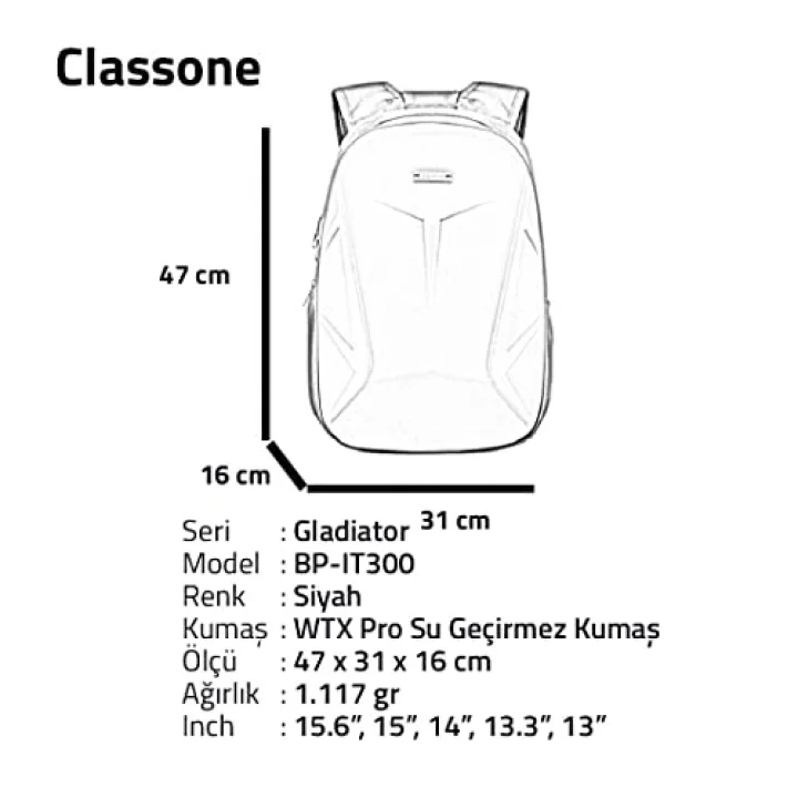 Classone BP-IT300 Gladiator Serisi 15.6 Uyumlu Notebook Çantası - Siyah