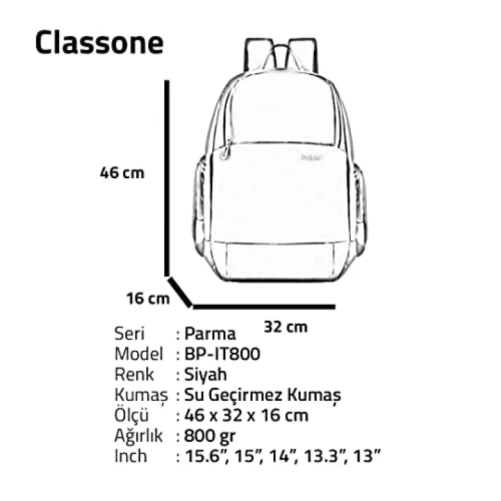 Classone BP-IT800 Parma 15.6 Notebook, Laptop k Sırt Çantası-Siyah
