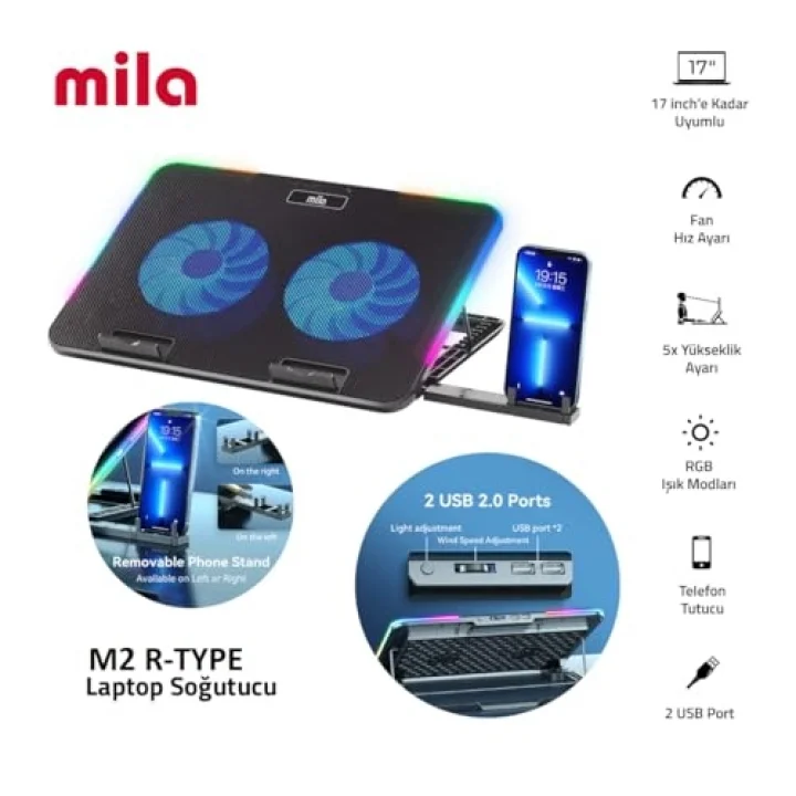 Classone Serisi M2 R-TYPE RGB Işıklı, 2 Büyük Fan, Telefon Standı,2 USB Notebook Soğutucu Stand