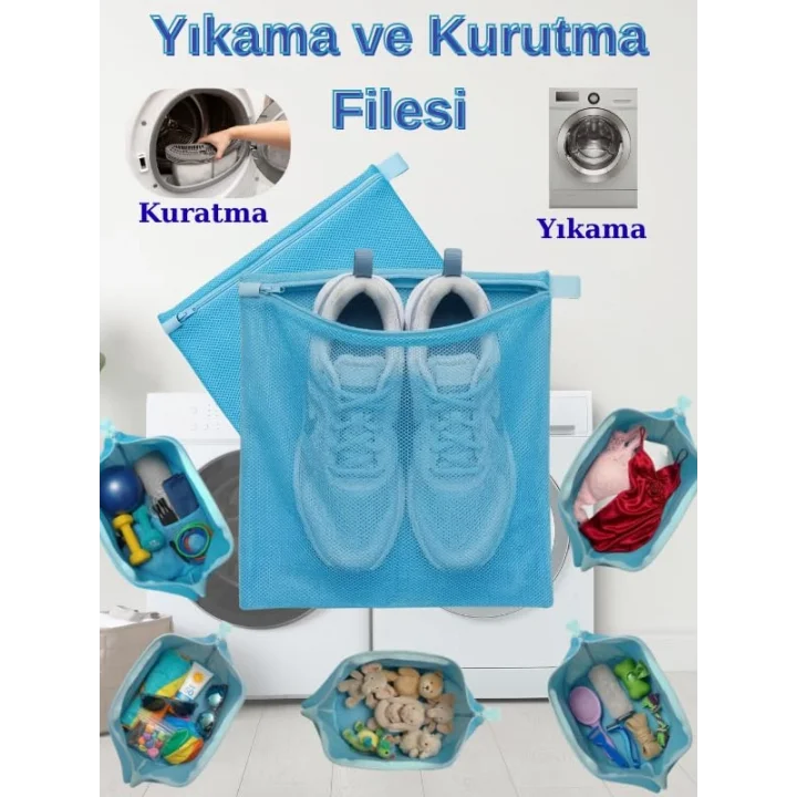 Çok Amaçlı Yıkama Çantası ve Kurutma Filesi, 2si 1 Arada Takım, Mavi, XL Boyut