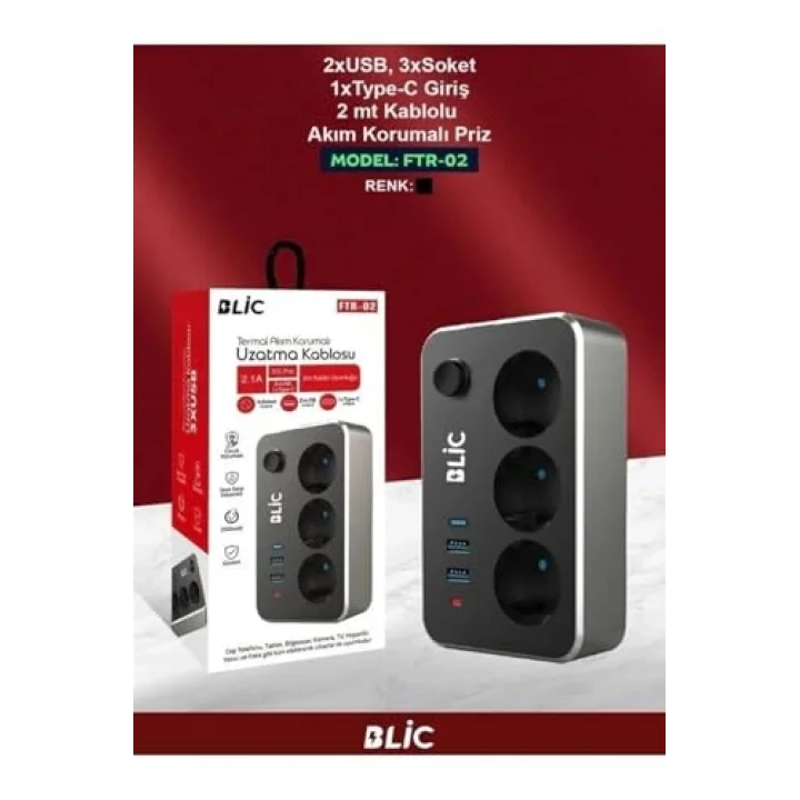 Çoklayıcı 3Lü Priz 2 Usb 1 Type-C 2 Metre Kablo Anahtarlı Termal Akım Korumalı Priz