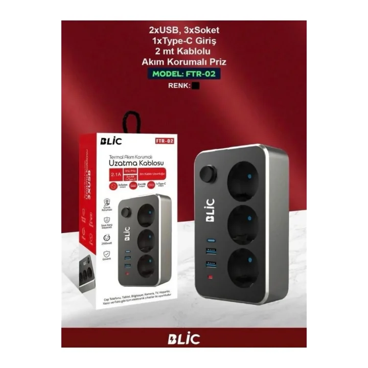Çoklayıcı 3Lü Priz 2 Usb 1 Type-C 2 Metre Kablo Anahtarlı Termal Akım Korumalı Priz