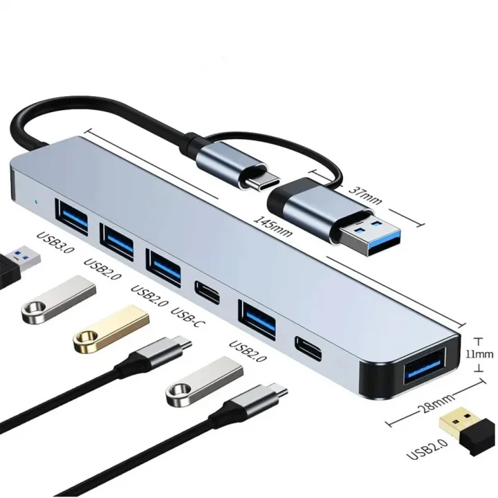 Çoklayıcı Adaptör 7in1 USB/Type-c To USB A, USB C Macbook uyumlu Çevirici Adaptör Çok Portlu Çoklayıcı 7 in 1 USB HUB (Gri)