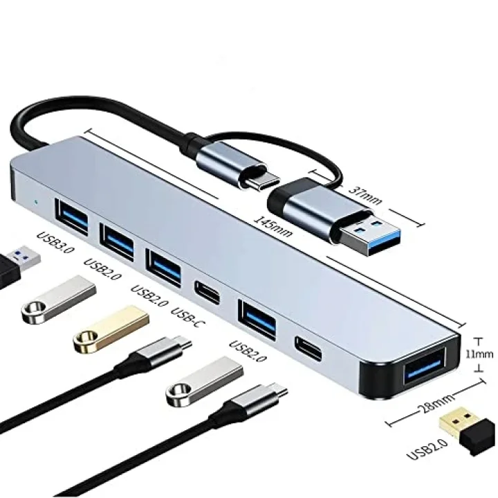 Çoklayıcı Adaptör 7in1 USB/Type-c To USB A, USB C Macbook uyumlu Çevirici Adaptör Çok Portlu Çoklayıcı 7 in 1 USB HUB (Gri)